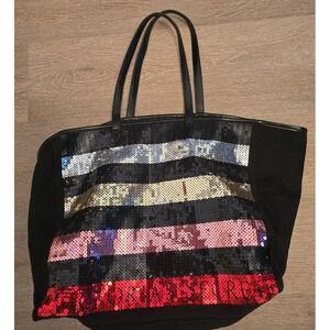 Victoria Secret Tote Bag Sequins Black Red Pink Silver Gold Stripes Large Travel
